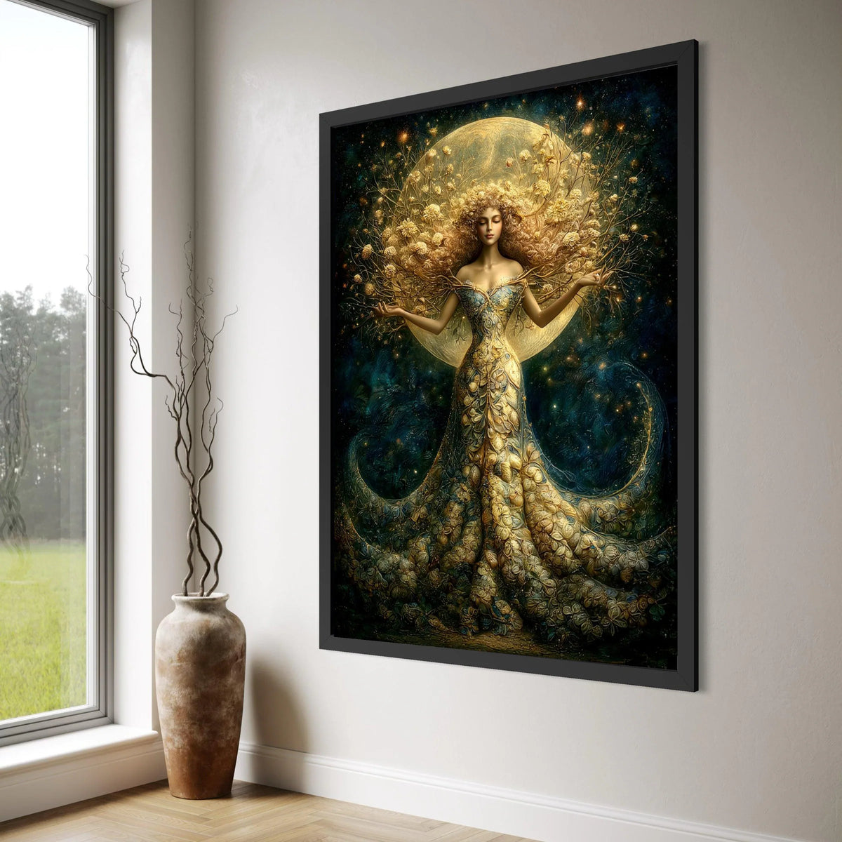 Enchanted Moon Goddess Canvas, Fantasy Floral Woman Art, Magical Night Wall Decor, Ethereal Nature Canvas, Mystical Home Print Art