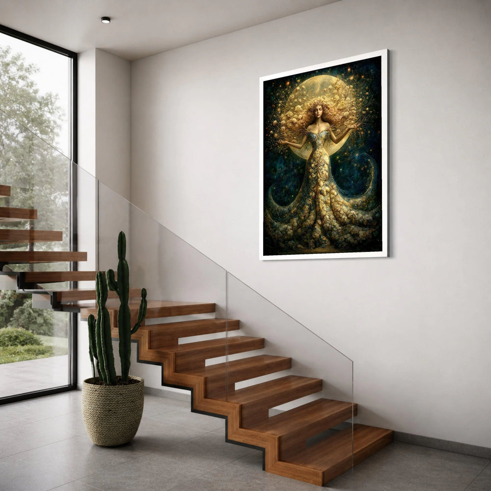 Enchanted Moon Goddess Canvas, Fantasy Floral Woman Art, Magical Night Wall Decor, Ethereal Nature Canvas, Mystical Home Print Art