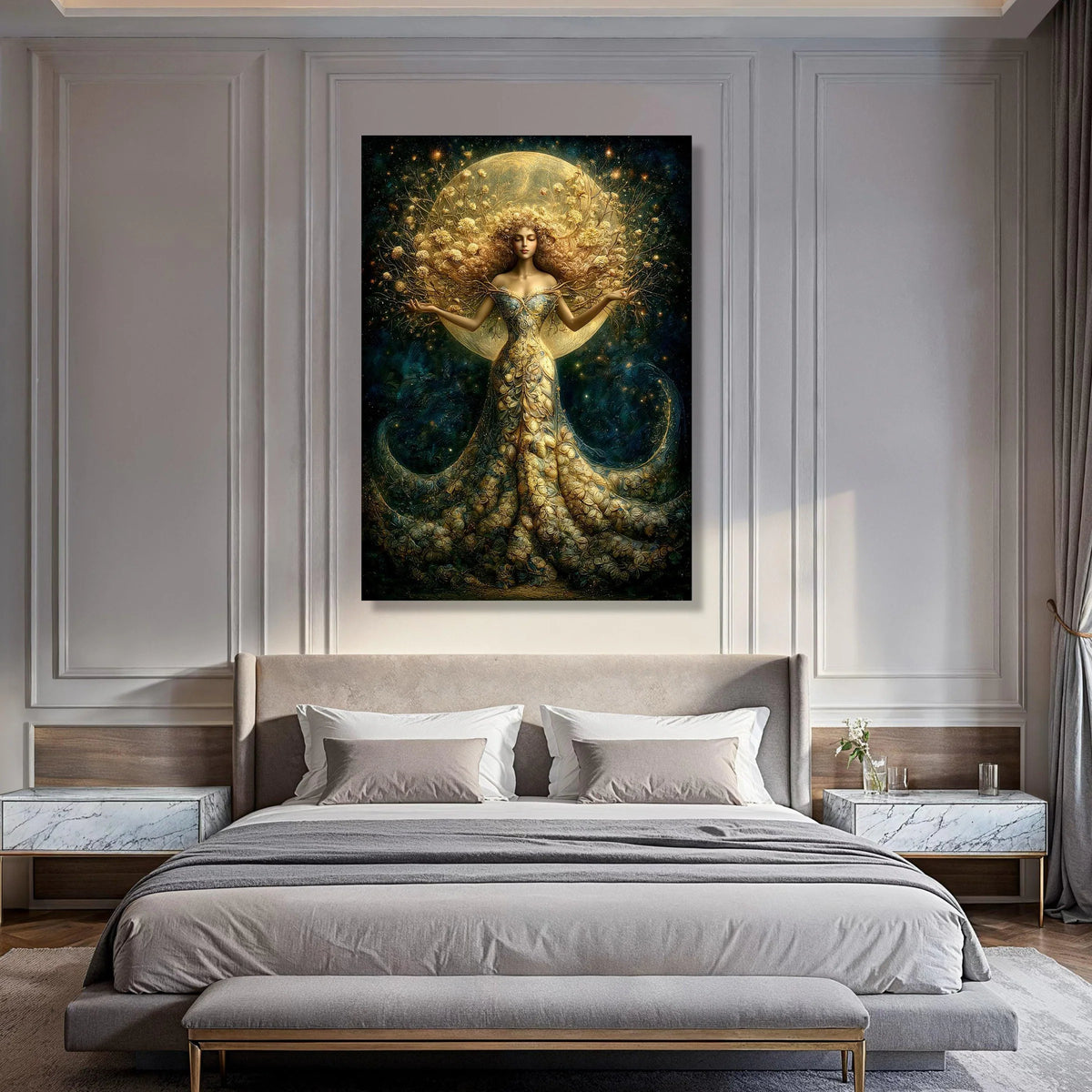 Enchanted Moon Goddess Canvas, Fantasy Floral Woman Art, Magical Night Wall Decor, Ethereal Nature Canvas, Mystical Home Print Art