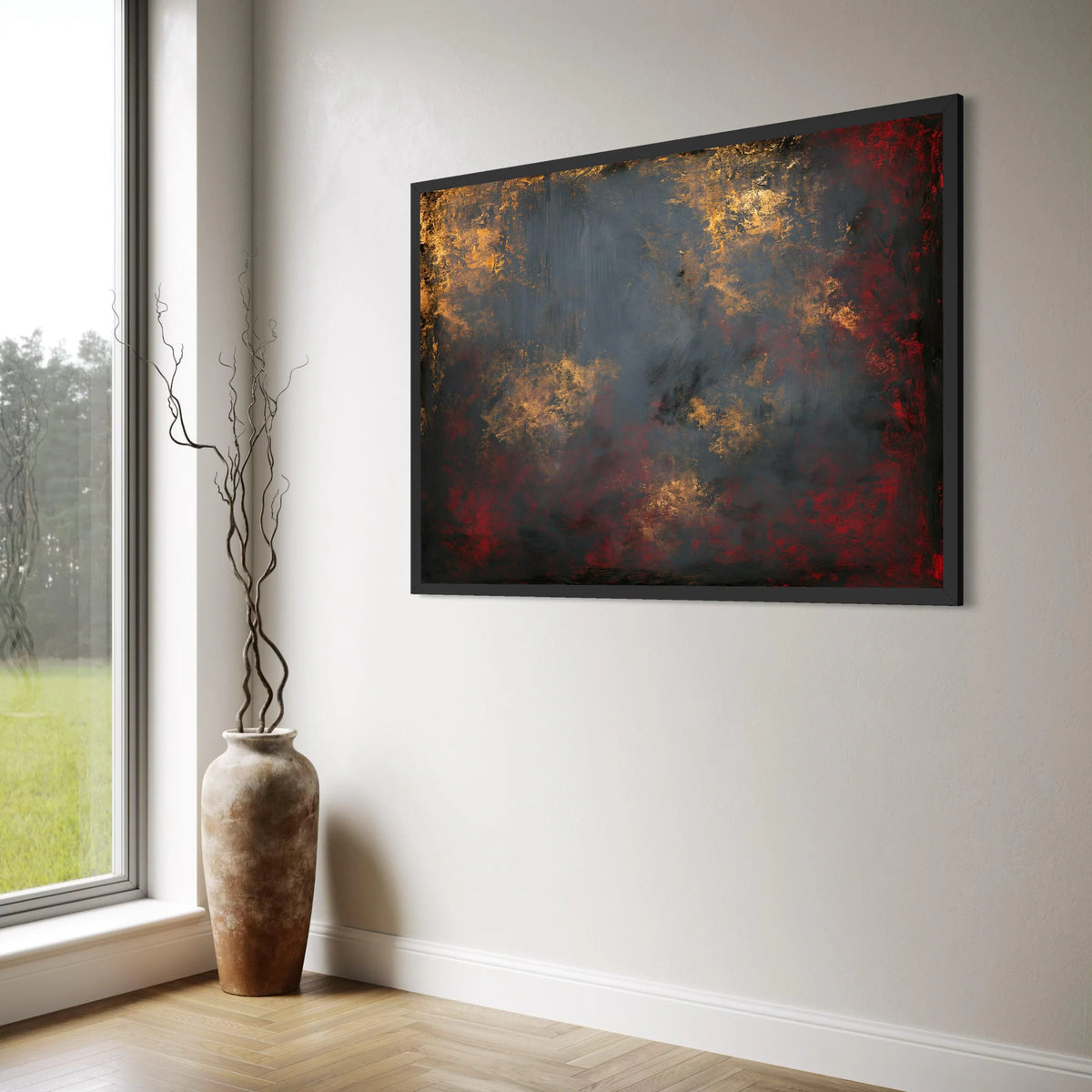 Warm Amber Glow Abstract Canvas, Dark Red and Gray Wall Art, Modern Home Decoration, Contemporary Canvas Print, Rich Color Palette Print Art