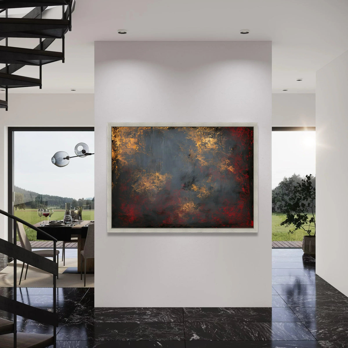 Warm Amber Glow Abstract Canvas, Dark Red and Gray Wall Art, Modern Home Decoration, Contemporary Canvas Print, Rich Color Palette Print Art