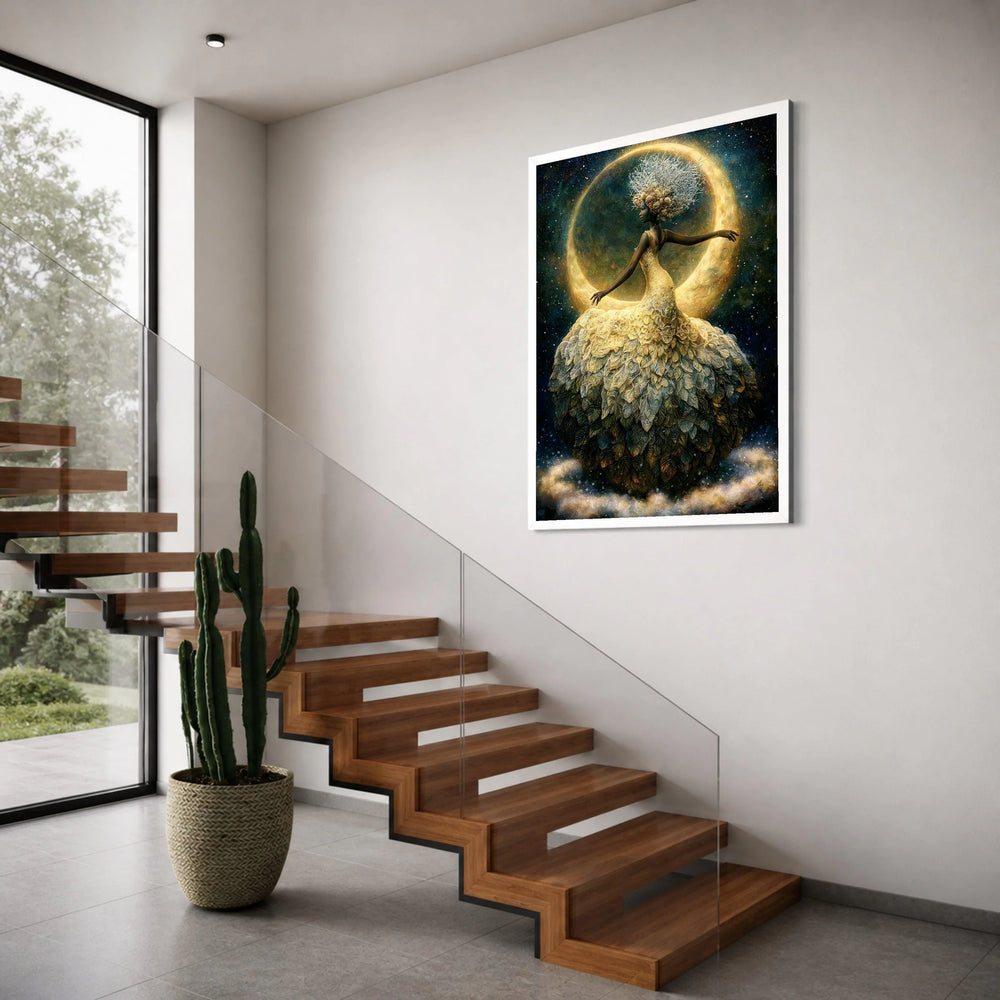 Enchanted Moonlight Dance, Elegant Woman Canvas Wall Art, Fantasy Floral Dress, Night Sky Decoration, Mystical Home Art Print Art