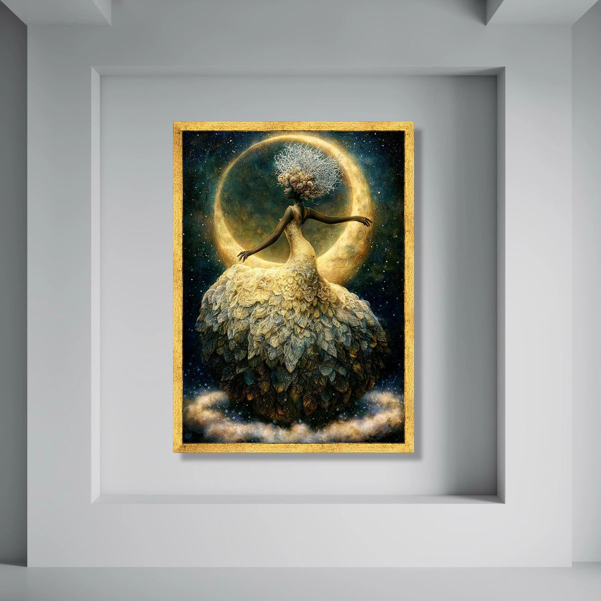 Enchanted Moonlight Dance, Elegant Woman Canvas Wall Art, Fantasy Floral Dress, Night Sky Decoration, Mystical Home Art Print Art