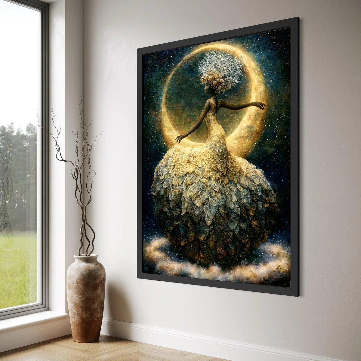 Enchanted Moonlight Dance, Elegant Woman Canvas Wall Art, Fantasy Floral Dress, Night Sky Decoration, Mystical Home Art Print Art