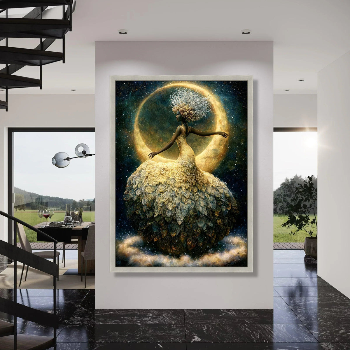 Enchanted Moonlight Dance, Elegant Woman Canvas Wall Art, Fantasy Floral Dress, Night Sky Decoration, Mystical Home Art Print Art