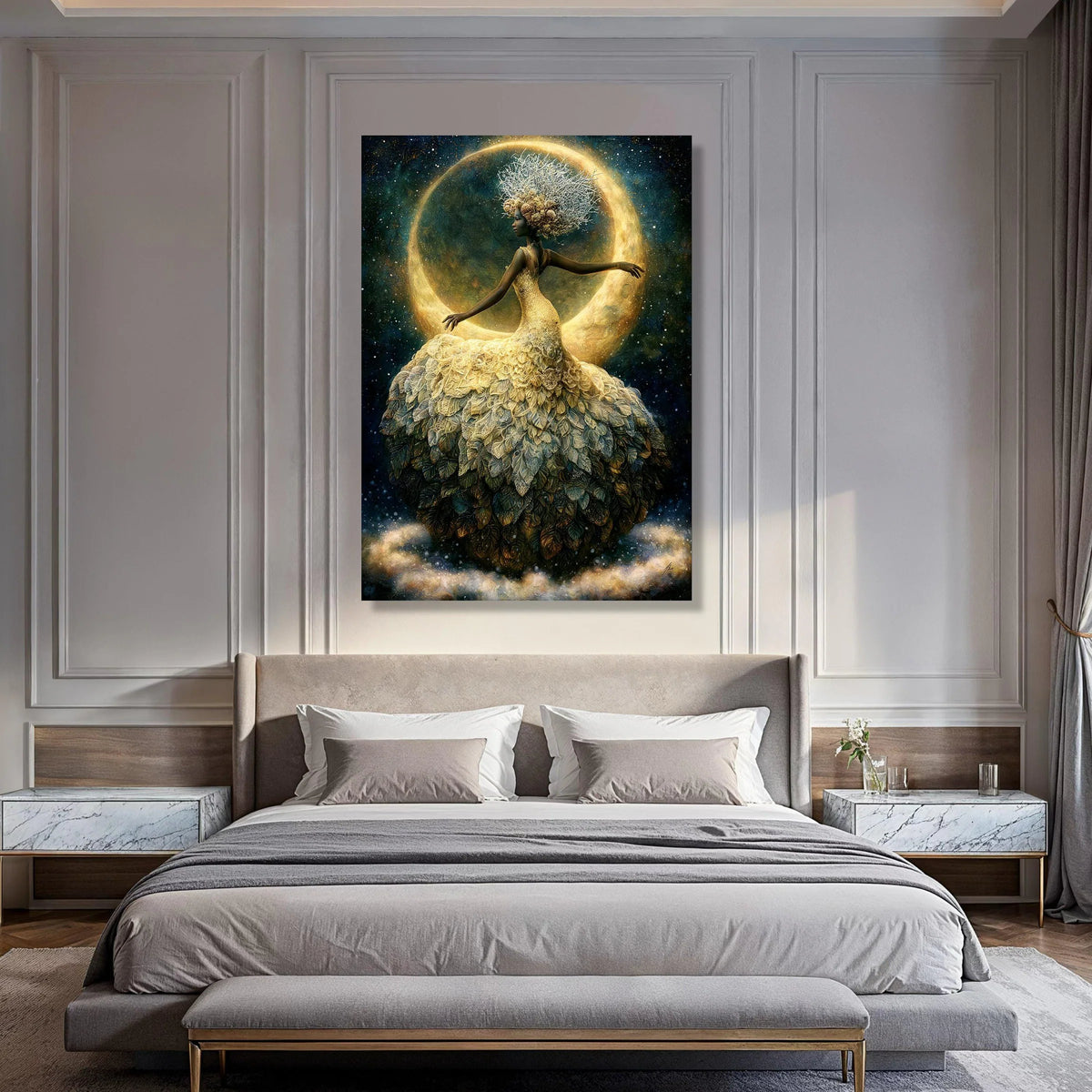 Enchanted Moonlight Dance, Elegant Woman Canvas Wall Art, Fantasy Floral Dress, Night Sky Decoration, Mystical Home Art Print Art