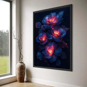 Glowing Blue and Red Roses Canvas, Illuminated Floral Wall Art, Vibrant Flower Bouquet Canvas, Home Decor Flower Canvas, Modern Print Art