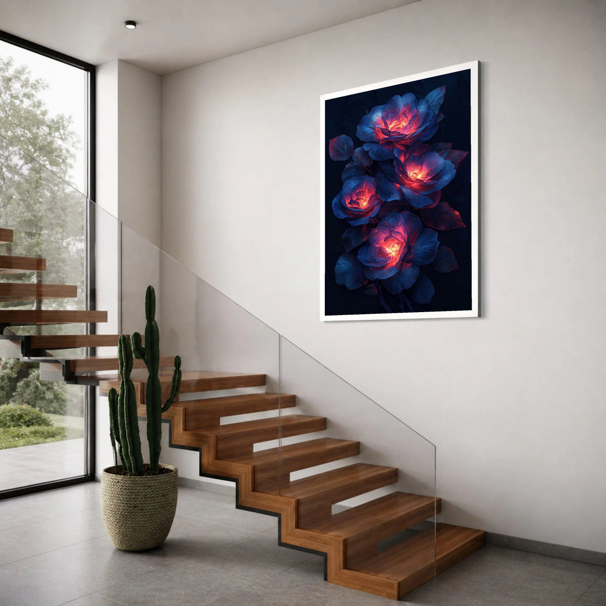 Glowing Blue and Red Roses Canvas, Illuminated Floral Wall Art, Vibrant Flower Bouquet Canvas, Home Decor Flower Canvas, Modern Print Art