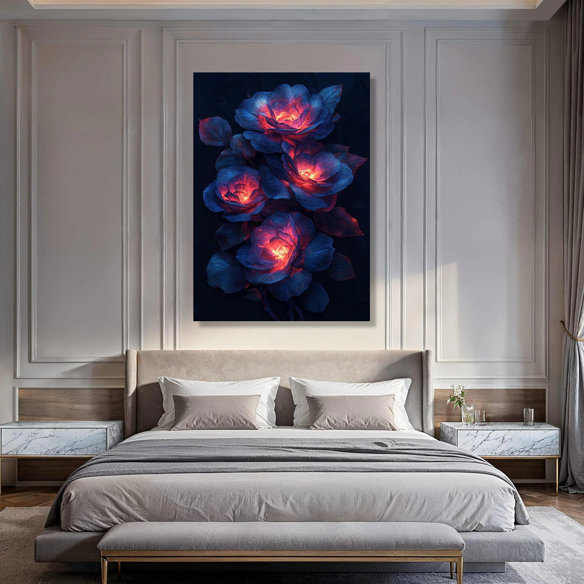 Glowing Blue and Red Roses Canvas, Illuminated Floral Wall Art, Vibrant Flower Bouquet Canvas, Home Decor Flower Canvas, Modern Print Art