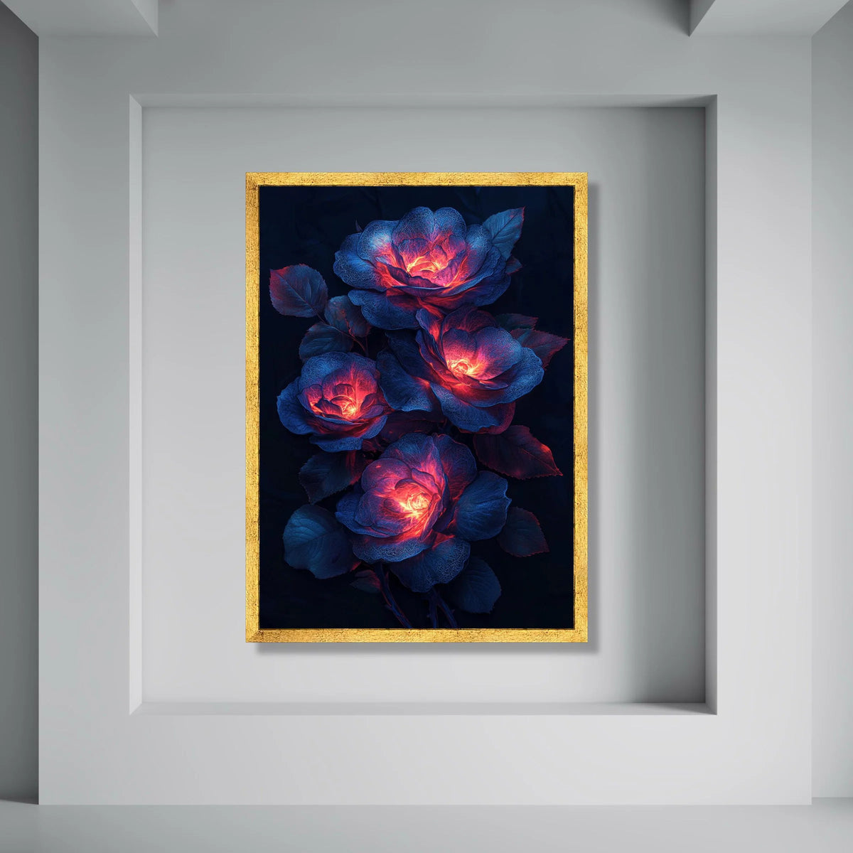 Glowing Blue and Red Roses Canvas, Illuminated Floral Wall Art, Vibrant Flower Bouquet Canvas, Home Decor Flower Canvas, Modern Print Art