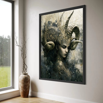 Mystical Woman with Horns Canvas, Surreal Fantasy Wall Art, Dark Abstract Portrait, Ethereal Home Decoration, Gothic Canvas Print Print Art