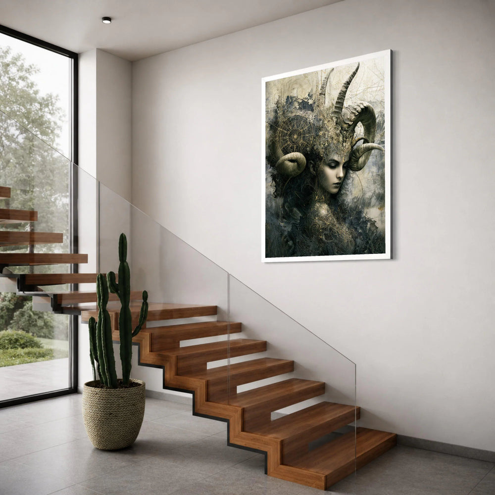 Mystical Woman with Horns Canvas, Surreal Fantasy Wall Art, Dark Abstract Portrait, Ethereal Home Decoration, Gothic Canvas Print Print Art