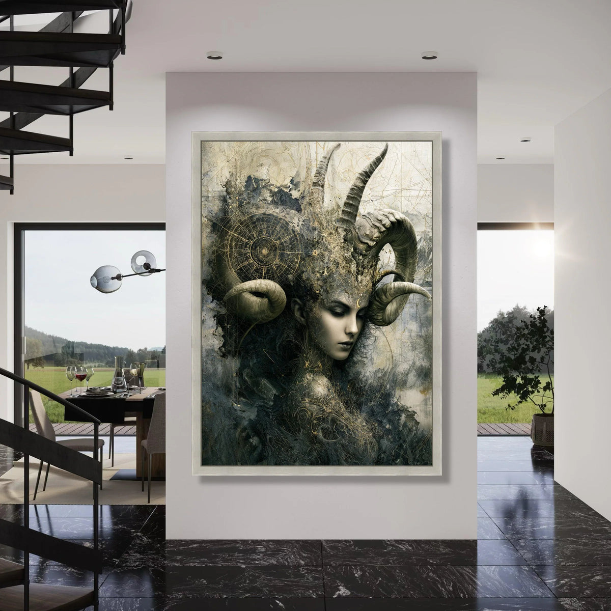 Mystical Woman with Horns Canvas, Surreal Fantasy Wall Art, Dark Abstract Portrait, Ethereal Home Decoration, Gothic Canvas Print Print Art