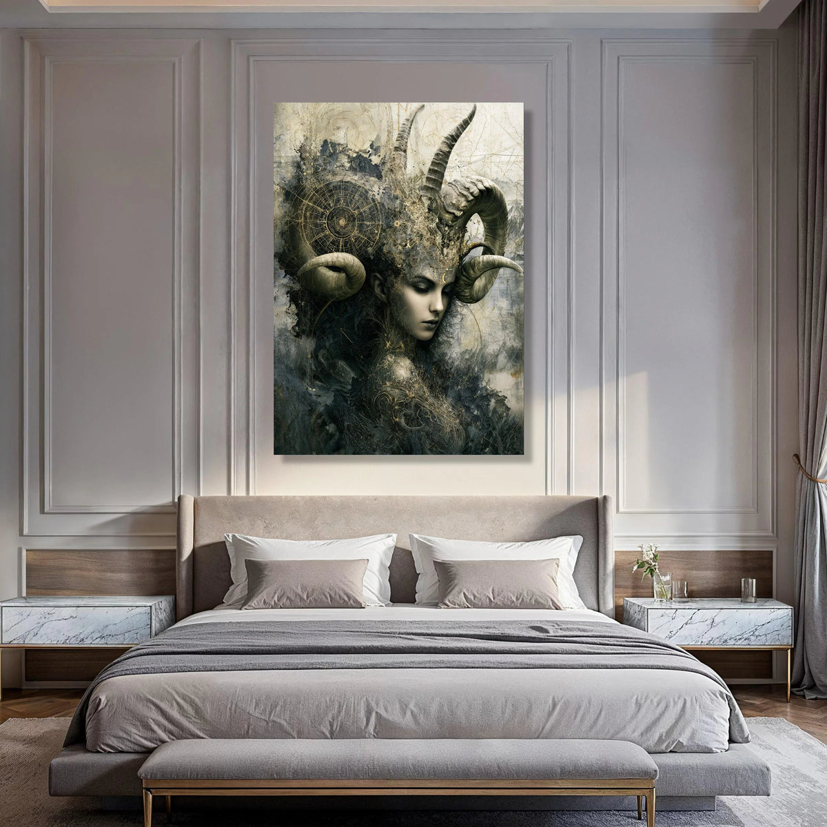 Mystical Woman with Horns Canvas, Surreal Fantasy Wall Art, Dark Abstract Portrait, Ethereal Home Decoration, Gothic Canvas Print Print Art