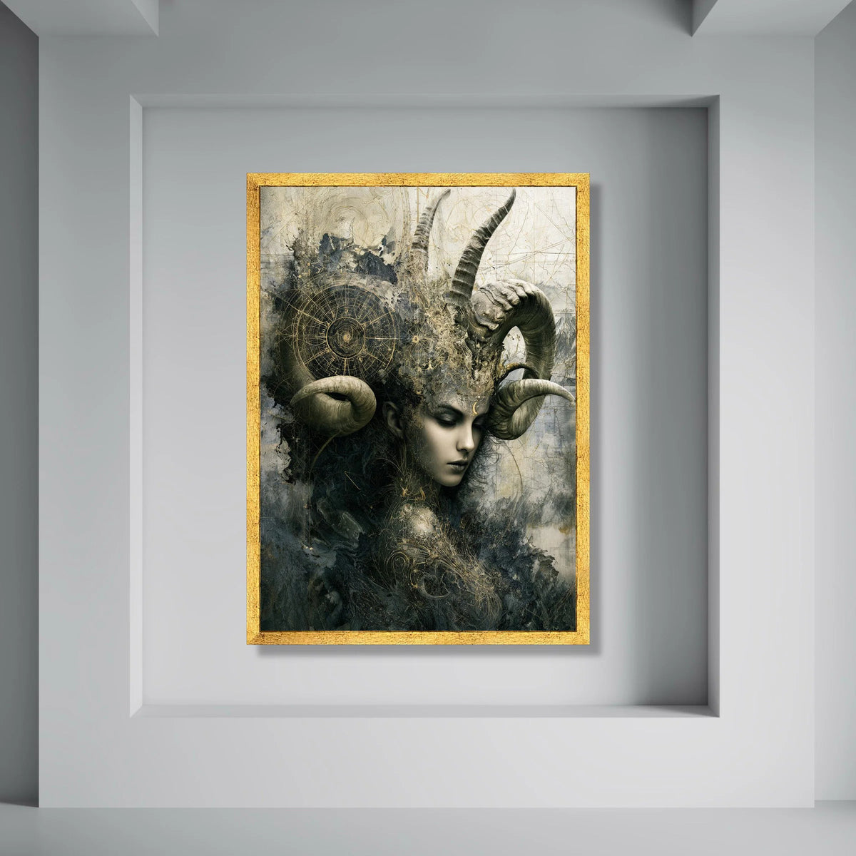 Mystical Woman with Horns Canvas, Surreal Fantasy Wall Art, Dark Abstract Portrait, Ethereal Home Decoration, Gothic Canvas Print Print Art