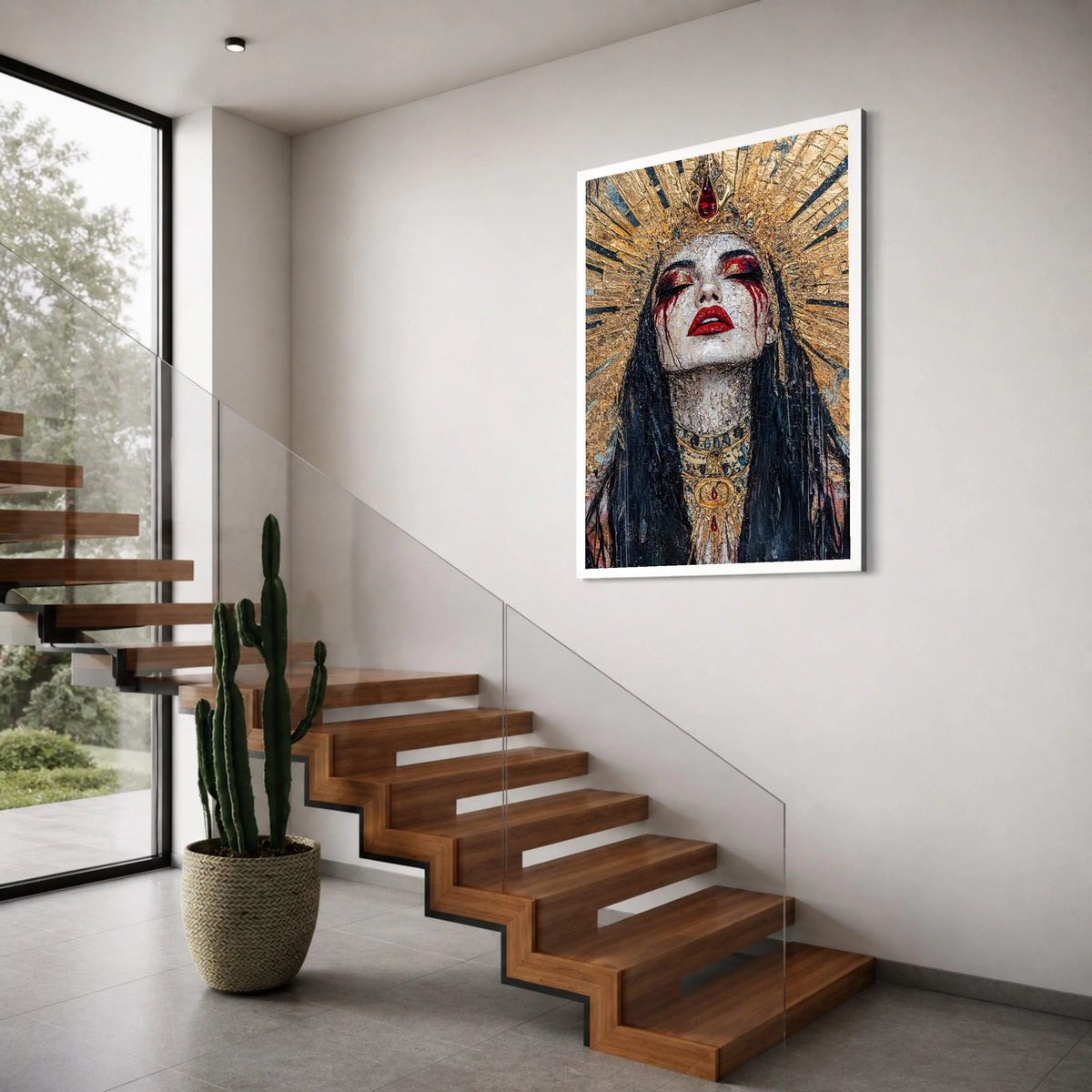 Royal Queen Portrait Canvas, Golden Crown Wall Art, Dramatic Face Art, Red and Gold Makeup, Mystical Woman Canvas, Gothic Home Print Art