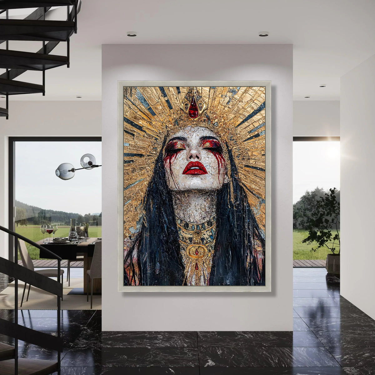 Royal Queen Portrait Canvas, Golden Crown Wall Art, Dramatic Face Art, Red and Gold Makeup, Mystical Woman Canvas, Gothic Home Print Art