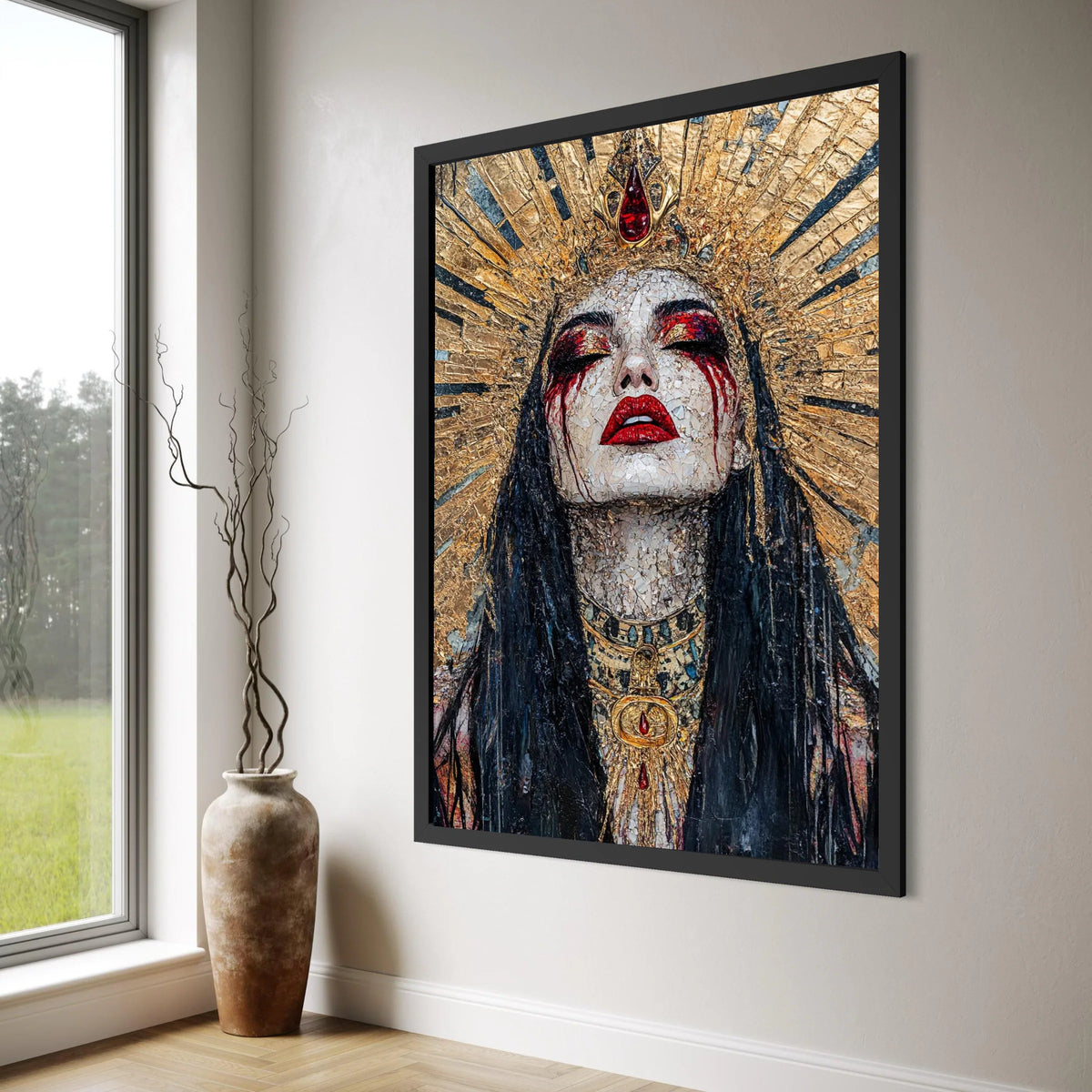 Royal Queen Portrait Canvas, Golden Crown Wall Art, Dramatic Face Art, Red and Gold Makeup, Mystical Woman Canvas, Gothic Home Print Art