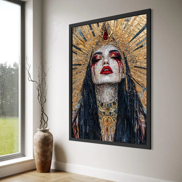 Royal Queen Portrait Canvas, Golden Crown Wall Art, Dramatic Face Art, Red and Gold Makeup, Mystical Woman Canvas, Gothic Home Print Art