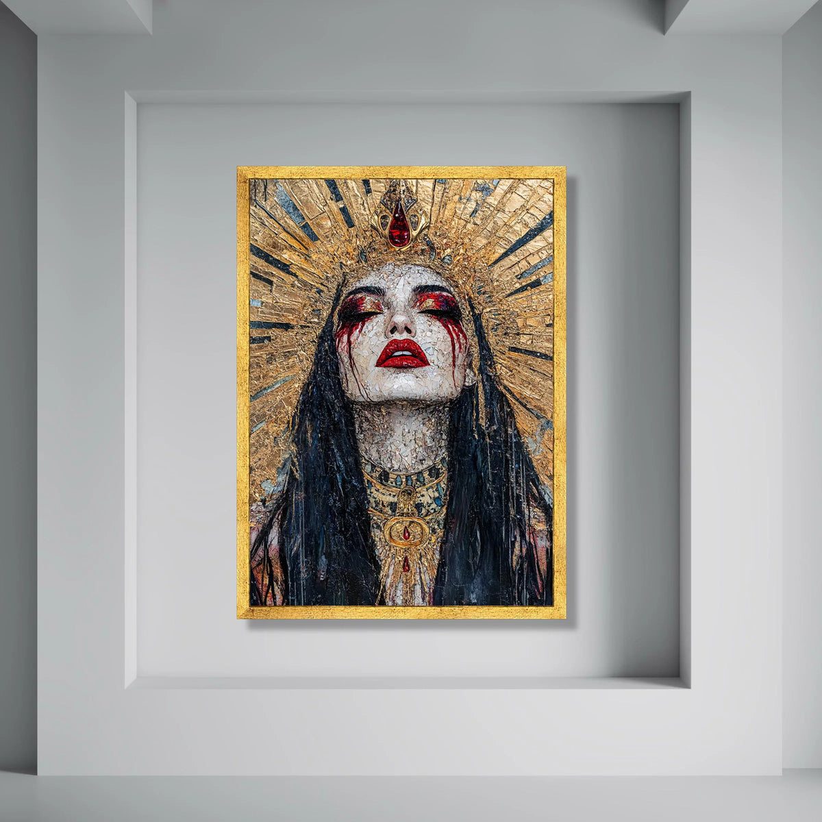 Royal Queen Portrait Canvas, Golden Crown Wall Art, Dramatic Face Art, Red and Gold Makeup, Mystical Woman Canvas, Gothic Home Print Art