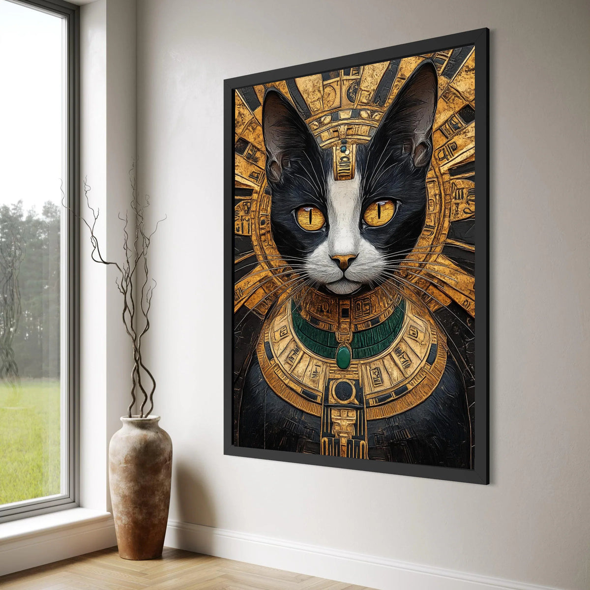 Egyptian Cat Portrait Canvas Wall Art, Ancient Pharaoh Cat Illustration, Gold and Black Home Decor, Mystical Animal Canvas, Ready Print Art