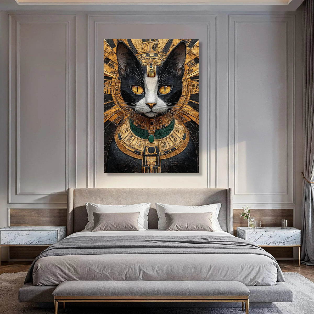 Egyptian Cat Portrait Canvas Wall Art, Ancient Pharaoh Cat Illustration, Gold and Black Home Decor, Mystical Animal Canvas, Ready Print Art