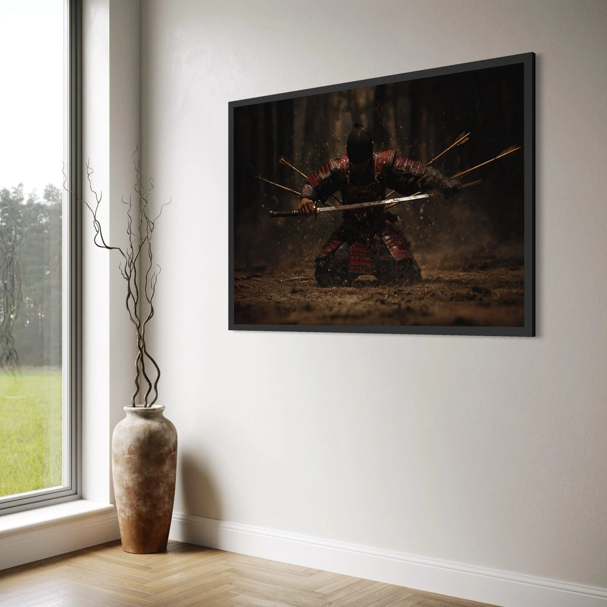 Warrior Samurai Kneeling With Sword Canvas, Historic Battle Scene Wall Art, Feudal Japan Armor Canvas, Dramatic Action Canvas, Print Art