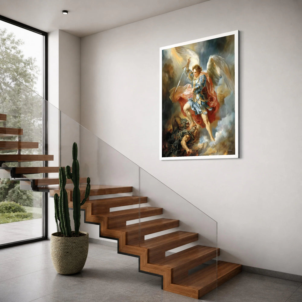 Archangel Michael Canvas Wall Art, Angelic Battle Scene, Spiritual Home Decoration, Religious Canvas Painting, Heavenly Armor Print Art