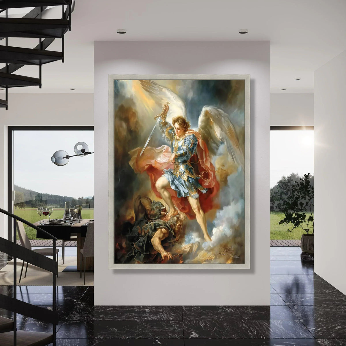 Archangel Michael Canvas Wall Art, Angelic Battle Scene, Spiritual Home Decoration, Religious Canvas Painting, Heavenly Armor Print Art