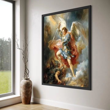 Archangel Michael Canvas Wall Art, Angelic Battle Scene, Spiritual Home Decoration, Religious Canvas Painting, Heavenly Armor Print Art