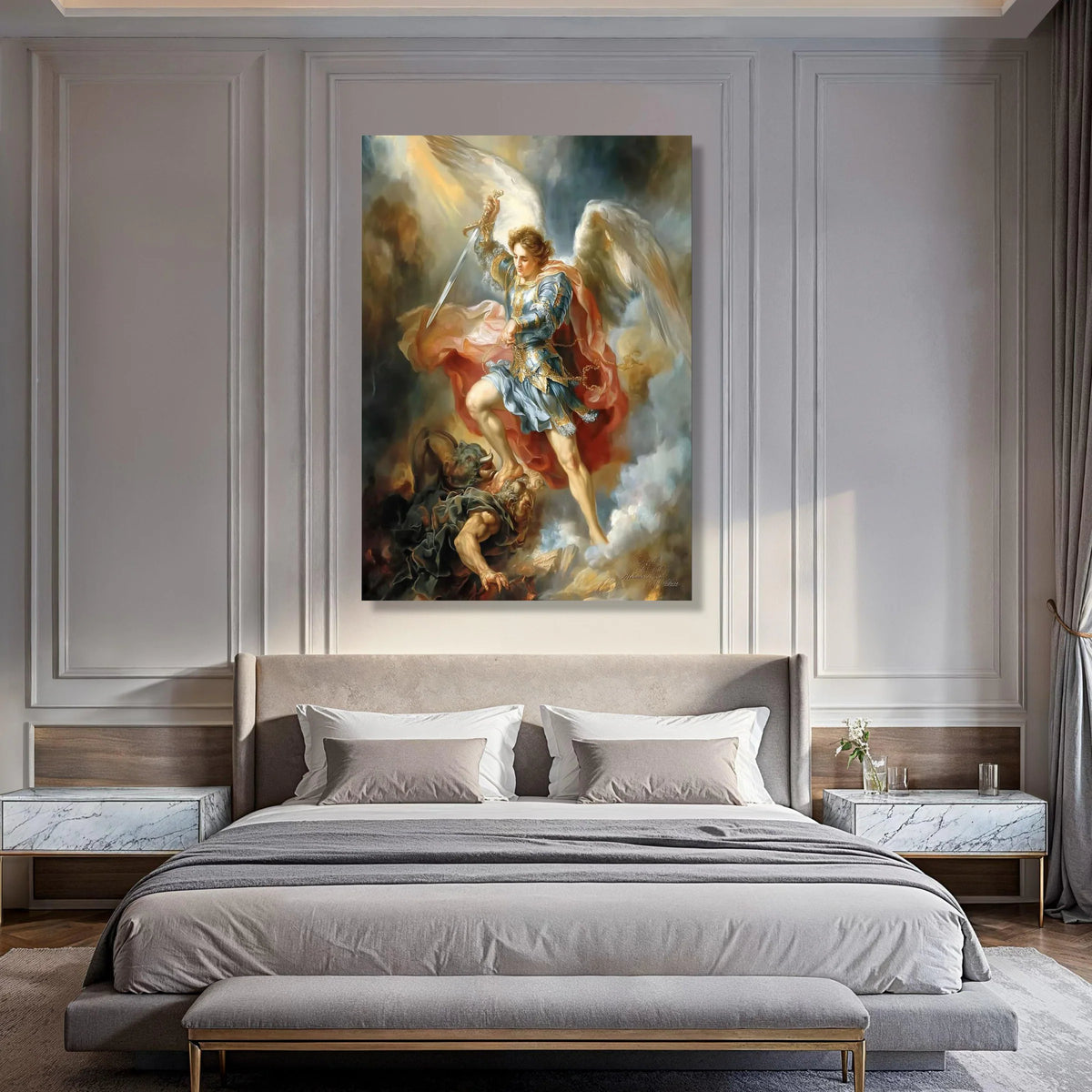 Archangel Michael Canvas Wall Art, Angelic Battle Scene, Spiritual Home Decoration, Religious Canvas Painting, Heavenly Armor Print Art
