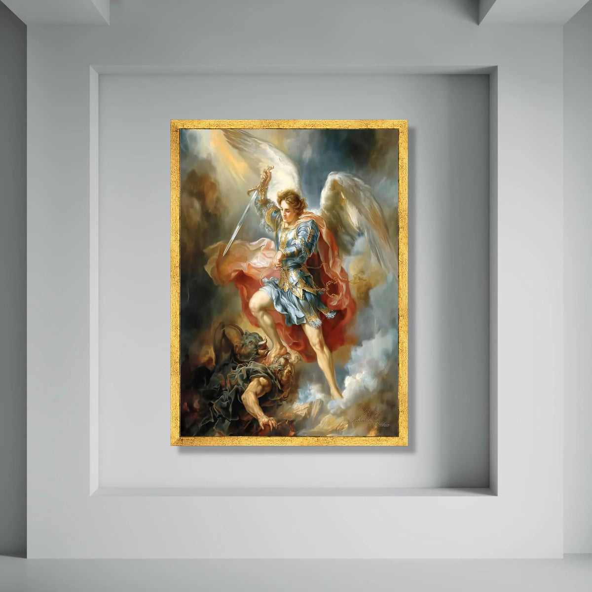 Archangel Michael Canvas Wall Art, Angelic Battle Scene, Spiritual Home Decoration, Religious Canvas Painting, Heavenly Armor Print Art