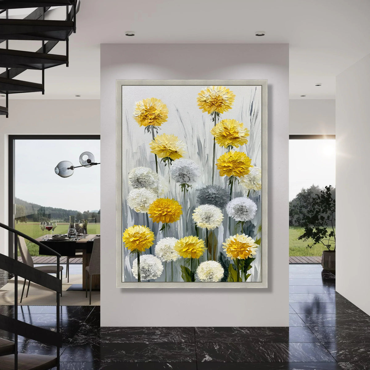Yellow and White Floral Bouquet Canvas, Abstract Flower Painting Wall Art, Modern Home Decor Canvas, Dandelion Canvas, Ready to Print Art