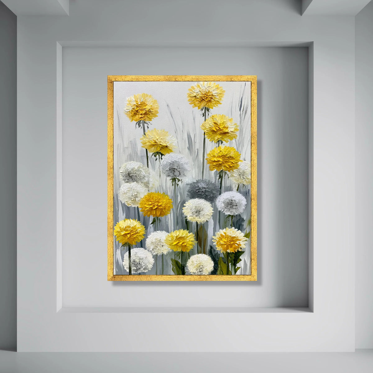Yellow and White Floral Bouquet Canvas, Abstract Flower Painting Wall Art, Modern Home Decor Canvas, Dandelion Canvas, Ready to Print Art