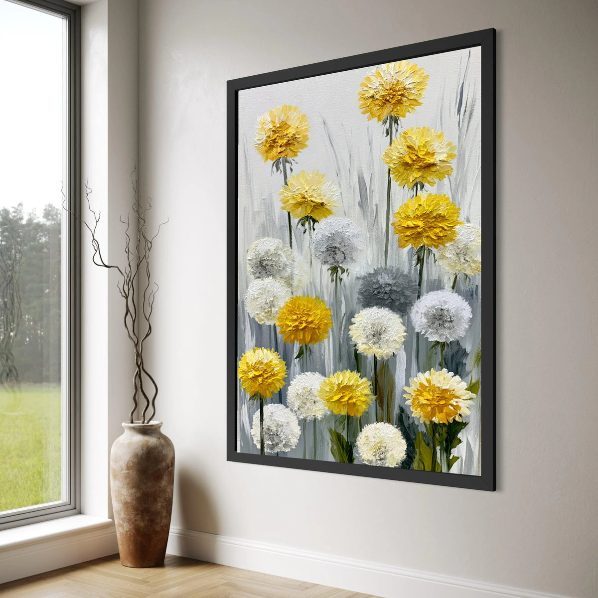 Yellow and White Floral Bouquet Canvas, Abstract Flower Painting Wall Art, Modern Home Decor Canvas, Dandelion Canvas, Ready to Print Art