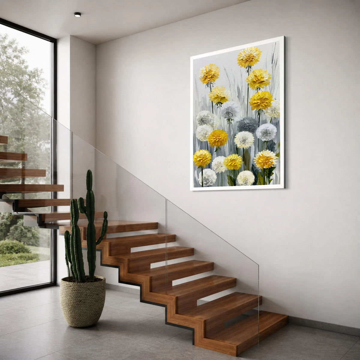 Yellow and White Floral Bouquet Canvas, Abstract Flower Painting Wall Art, Modern Home Decor Canvas, Dandelion Canvas, Ready to Print Art