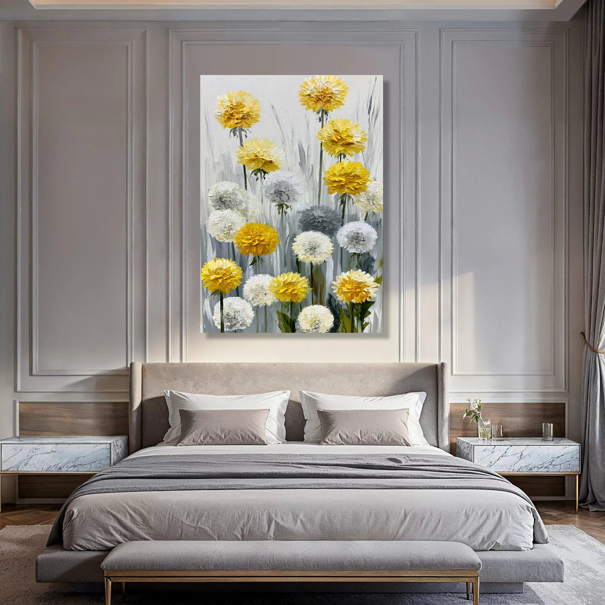 Yellow and White Floral Bouquet Canvas, Abstract Flower Painting Wall Art, Modern Home Decor Canvas, Dandelion Canvas, Ready to Print Art