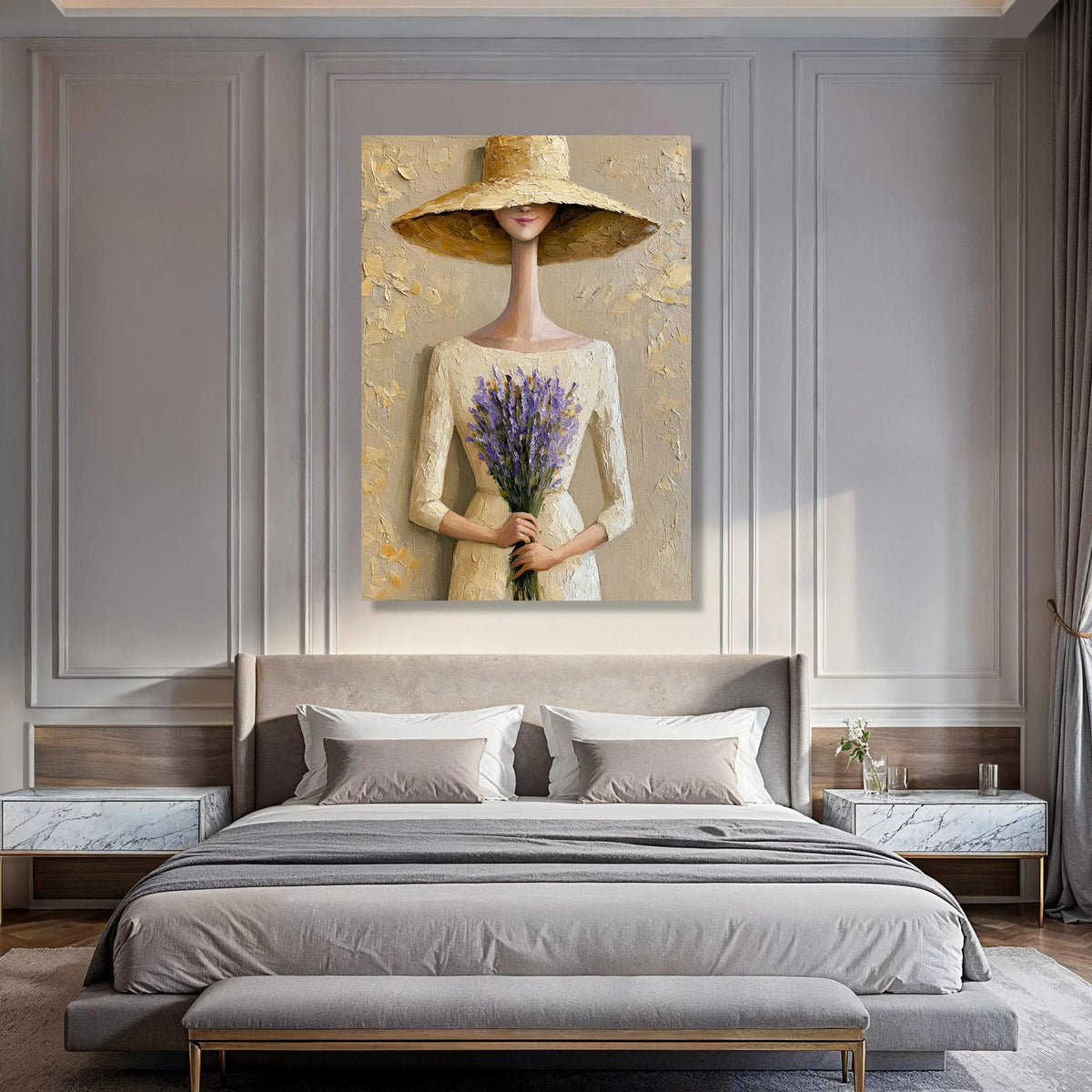 Elegant Woman with Lavender Bouquet Canvas, Modern Feminine Wall Art, Floral Home Decoration, Neutral Tones Canvas, Stylish Print Art
