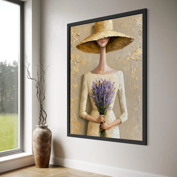 Elegant Woman with Lavender Bouquet Canvas, Modern Feminine Wall Art, Floral Home Decoration, Neutral Tones Canvas, Stylish Print Art