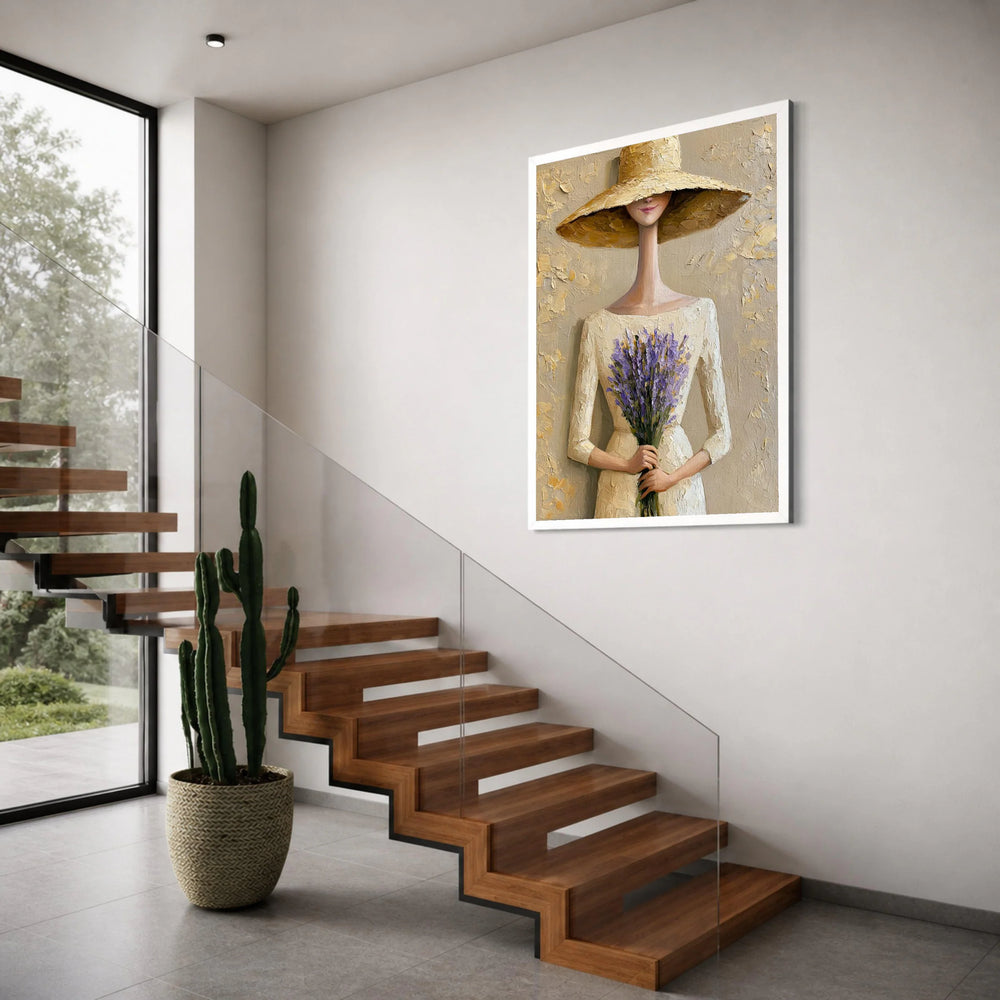 Elegant Woman with Lavender Bouquet Canvas, Modern Feminine Wall Art, Floral Home Decoration, Neutral Tones Canvas, Stylish Print Art