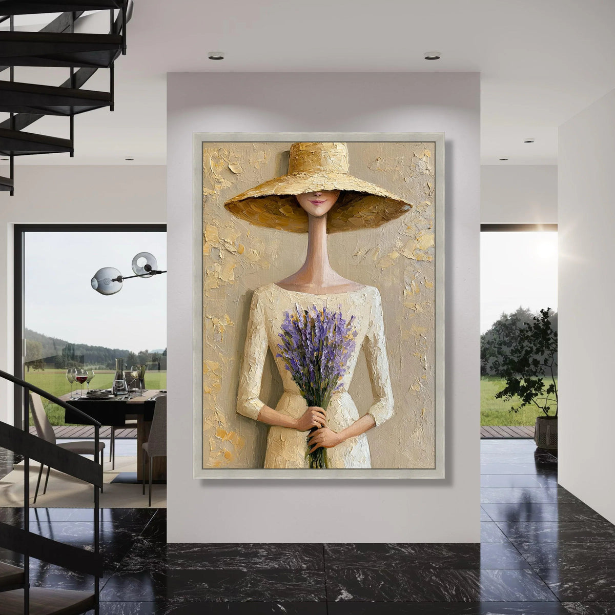 Elegant Woman with Lavender Bouquet Canvas, Modern Feminine Wall Art, Floral Home Decoration, Neutral Tones Canvas, Stylish Print Art