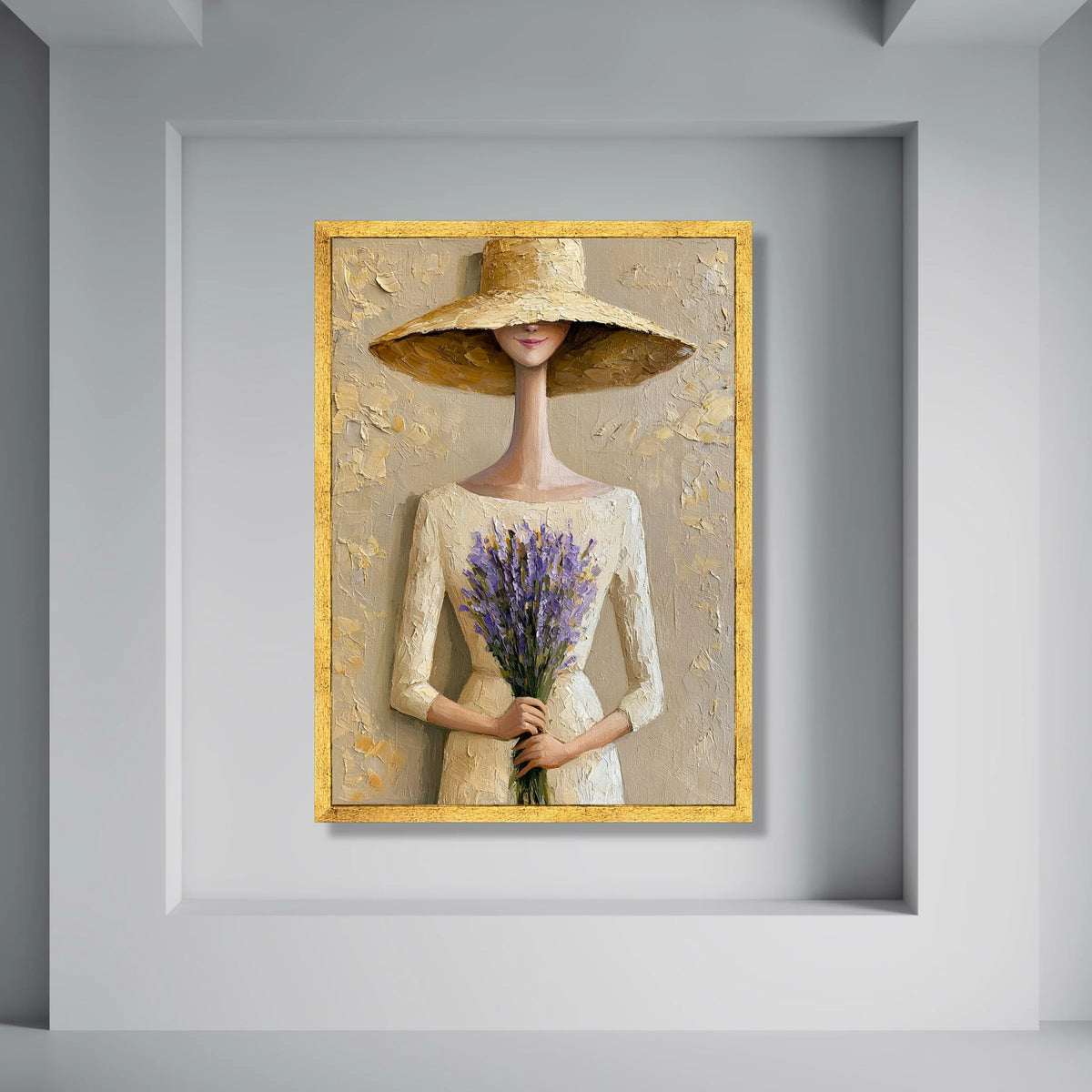 Elegant Woman with Lavender Bouquet Canvas, Modern Feminine Wall Art, Floral Home Decoration, Neutral Tones Canvas, Stylish Print Art