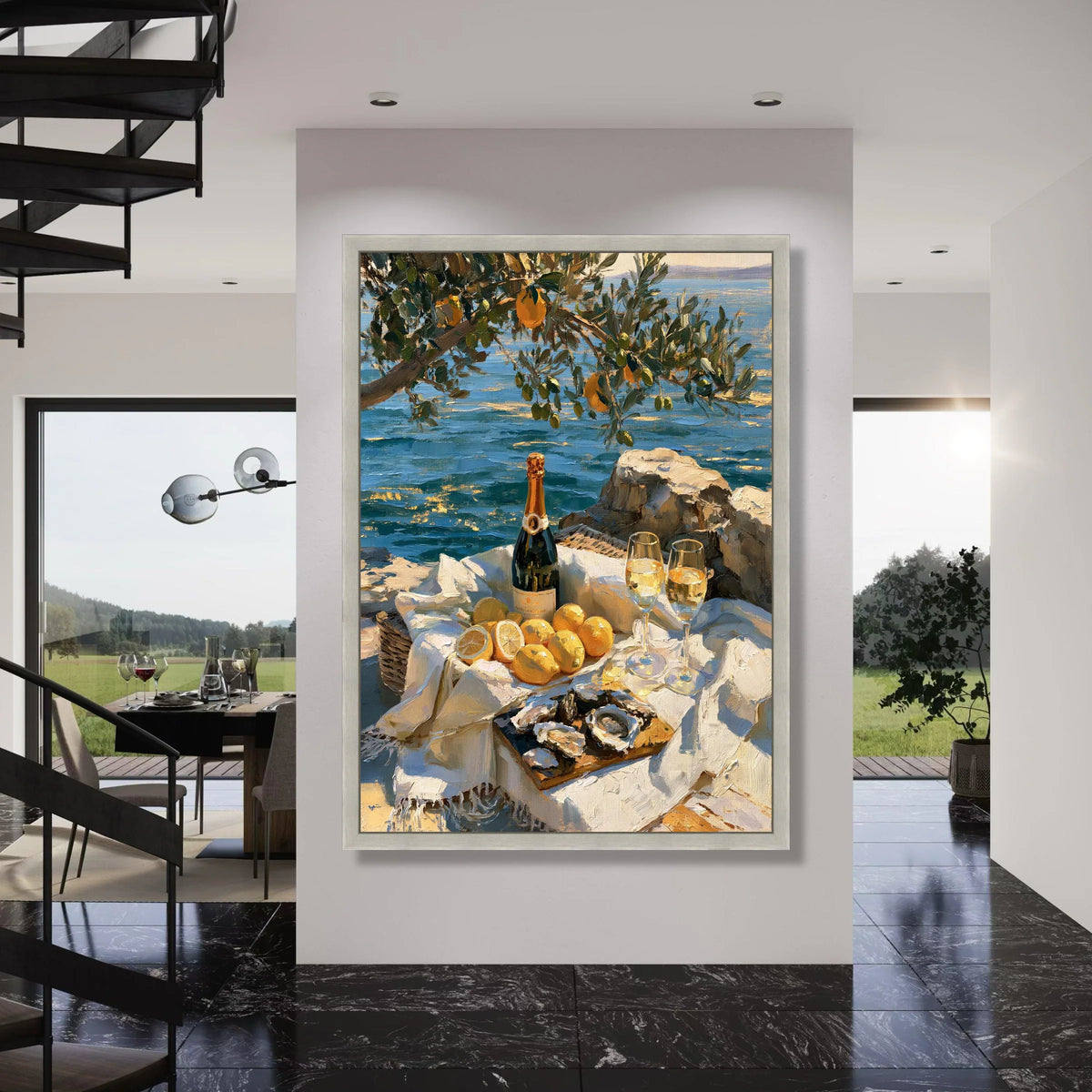 Coastal Picnic Scene Canvas, Summer Citrus Still Life, Champagne and Oysters Artwork, Seaside Table Setting Wall Art, Print Art