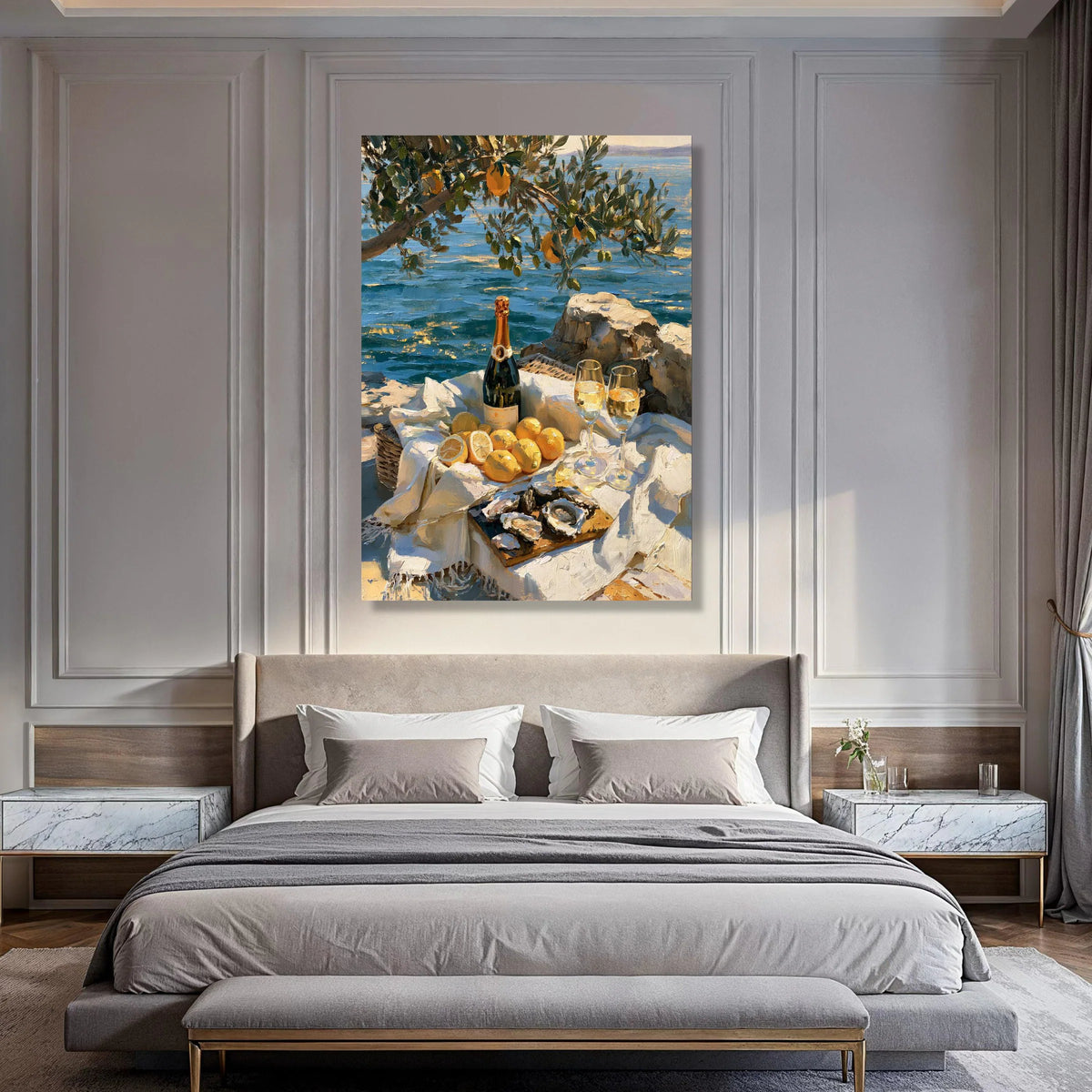 Coastal Picnic Scene Canvas, Summer Citrus Still Life, Champagne and Oysters Artwork, Seaside Table Setting Wall Art, Print Art