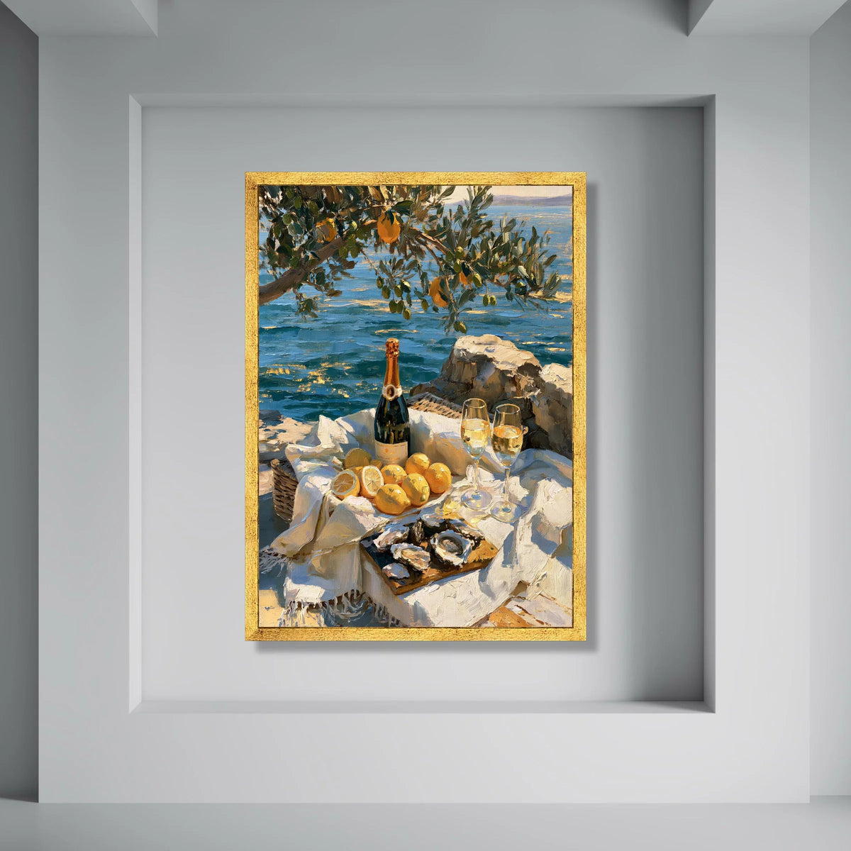 Coastal Picnic Scene Canvas, Summer Citrus Still Life, Champagne and Oysters Artwork, Seaside Table Setting Wall Art, Print Art