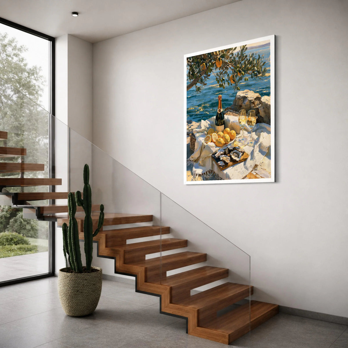 Coastal Picnic Scene Canvas, Summer Citrus Still Life, Champagne and Oysters Artwork, Seaside Table Setting Wall Art, Print Art