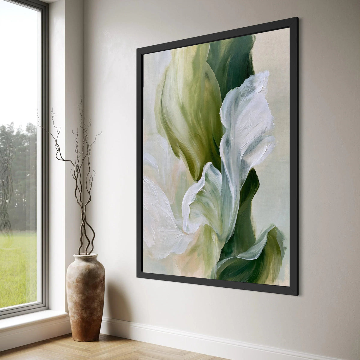 Soft White Floral Canvas, Abstract Green Leaves Wall Art, Contemporary Nature Canvas, Botanical Home Decor, Ready to Hang Painting Print Art