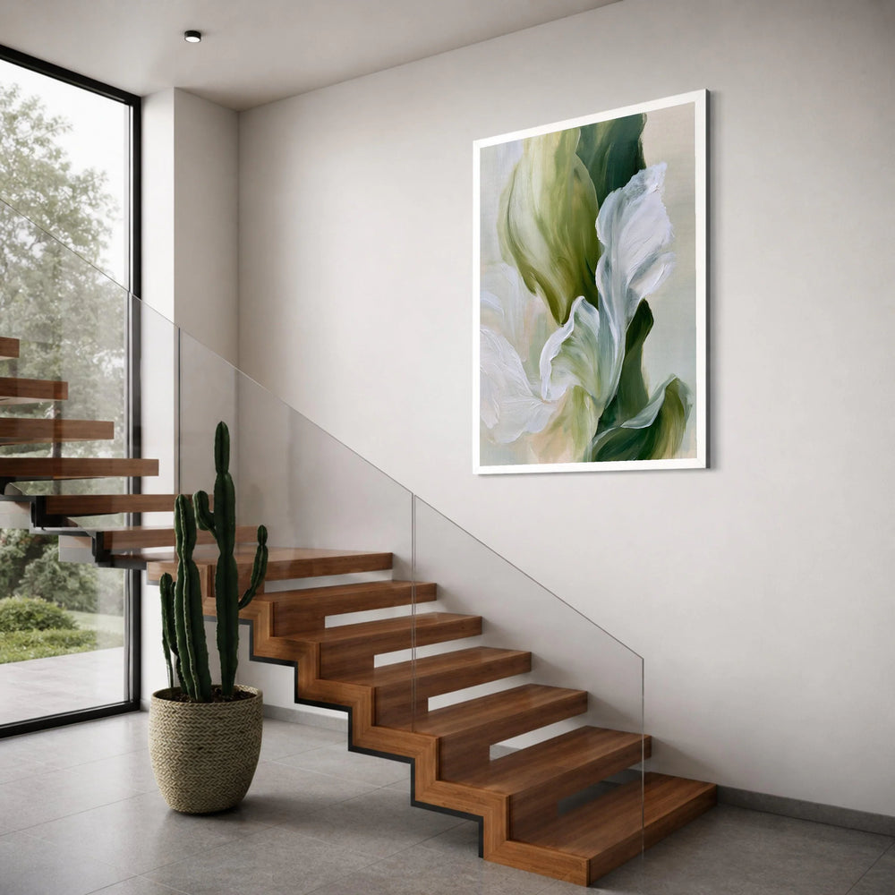 Soft White Floral Canvas, Abstract Green Leaves Wall Art, Contemporary Nature Canvas, Botanical Home Decor, Ready to Hang Painting Print Art