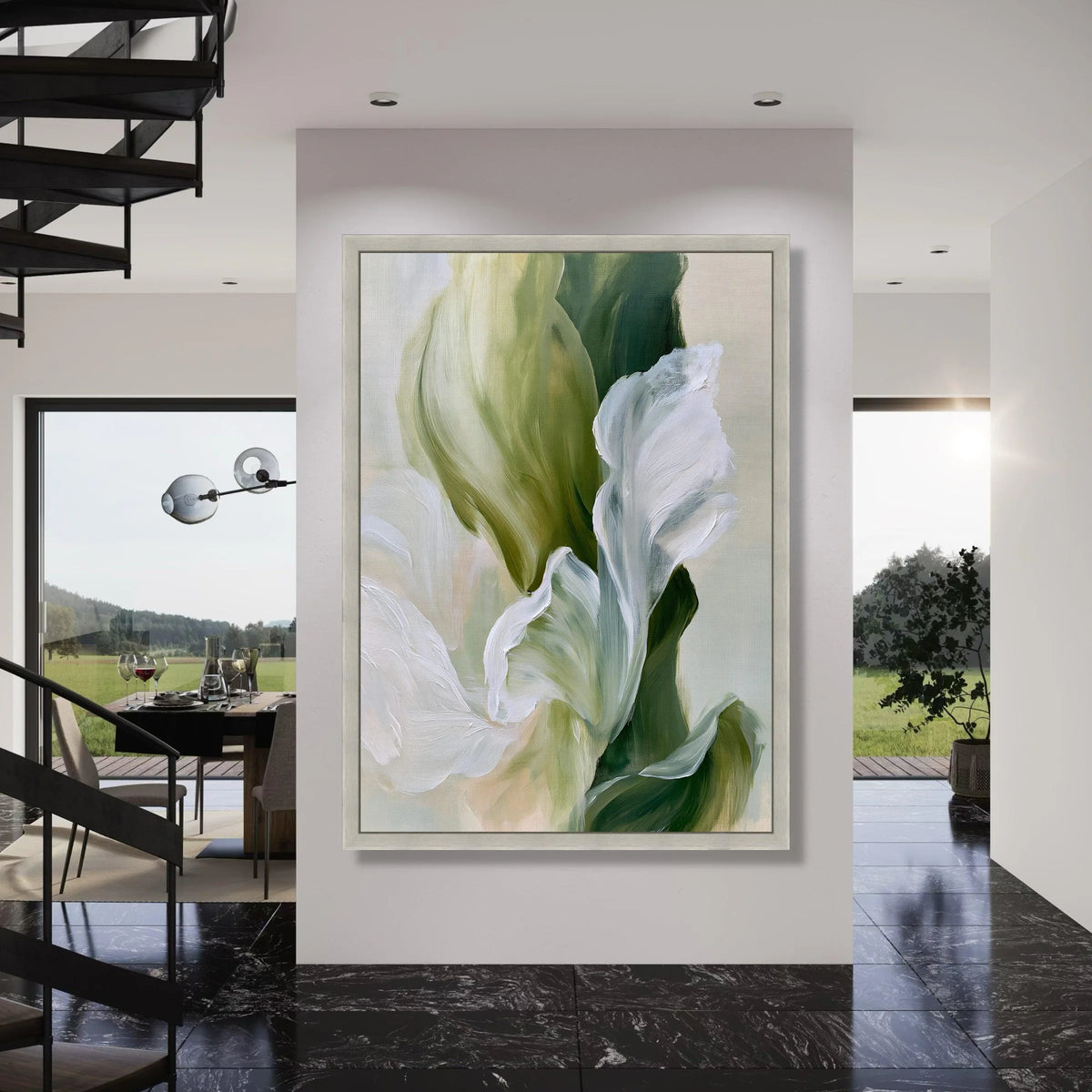 Soft White Floral Canvas, Abstract Green Leaves Wall Art, Contemporary Nature Canvas, Botanical Home Decor, Ready to Hang Painting Print Art
