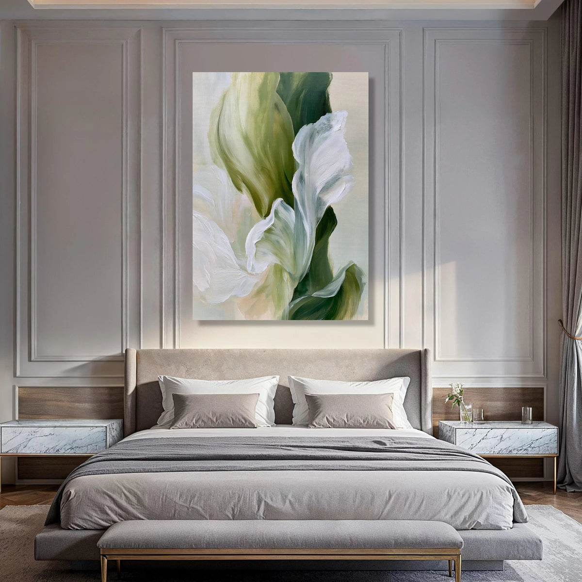 Soft White Floral Canvas, Abstract Green Leaves Wall Art, Contemporary Nature Canvas, Botanical Home Decor, Ready to Hang Painting Print Art
